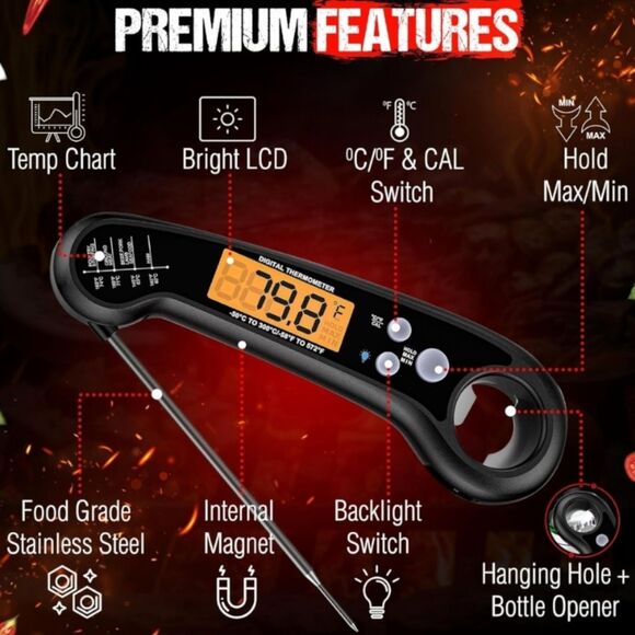 Waterproof Meat Thermometer with Backlight, Foldable Probe, Digital Display New - Picture 1 of 9